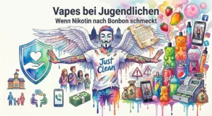 Symbolbild zu Jugendlichen, Vapes, süßen Aromen, Nikotin, Social Media, Tabaksteuer und Prävention mit NeelixberliN-Figur.