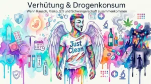 Symbolbild zu Verhütung, Drogenkonsum, Kondomen, STI, Schwangerschaftsrisiken und Harm Reduction mit NeelixberliN-Figur.