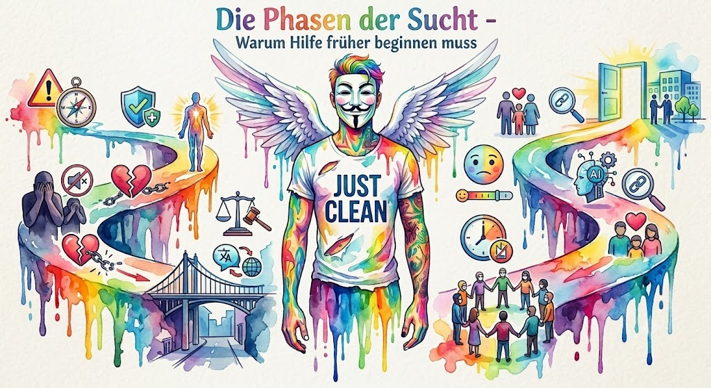 Symbolbild zu den Phasen der Sucht, Harm Reduction, digitaler Suchthilfe, Migration, Sichtbarkeit, Angehörigenhilfe und Recovery mit NeelixberliN-Figur.