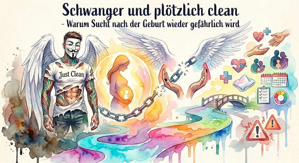 Symbolbild zu Schwangerschaft, Sucht, plötzlich clean, Kinderwunsch, FASD, Wochenbett, Rückfallrisiko und Recovery mit NeelixberliN-Figur.
