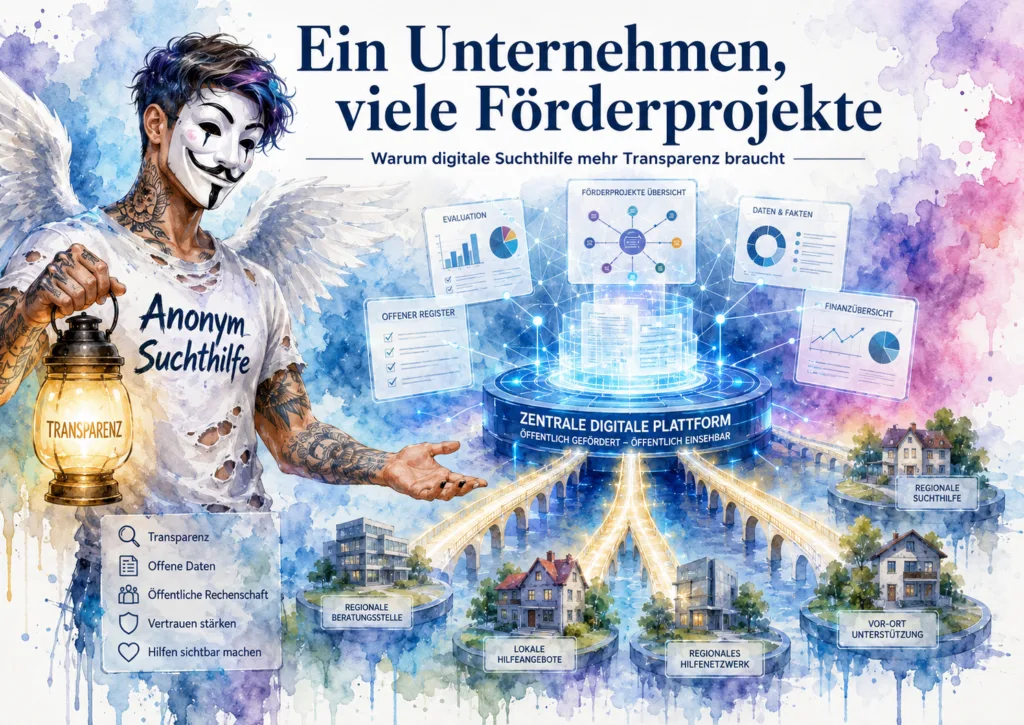 Symbolbild zu Delphi GmbH, Drugcom, DigiSucht, ELSA, öffentlicher Finanzierung, digitaler Suchthilfe, Transparenz und regionaler Sichtbarkeit.