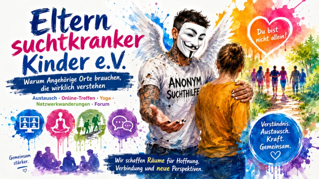 Symbolbild zu Eltern suchtkranker Kinder e.V., Angehörigenhilfe, Selbsthilfe, Online-Treffen, Forum, Netzwerkwanderungen und anonym-suchthilfe.de.