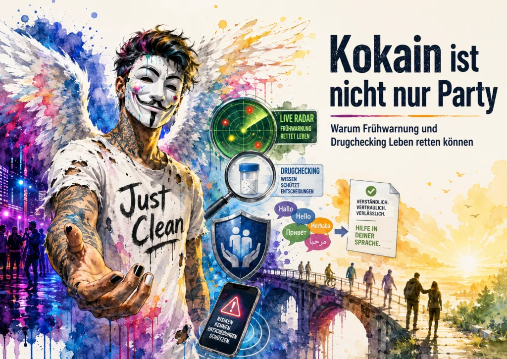 Symbolbild zu Kokain, Drugchecking, Substanzwarnungen, Live-Radar, Harm Reduction, Sprachbrücke und digitaler Suchthilfe.