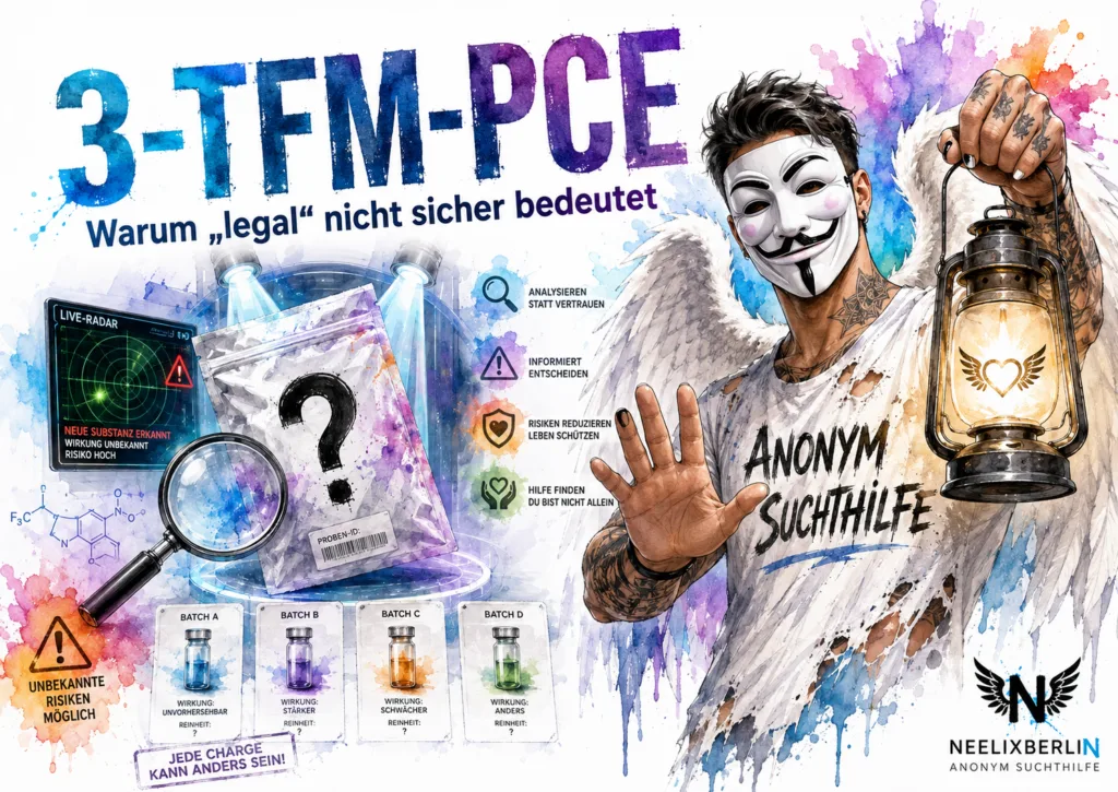 Symbolbild zu 3-TFM-PCE, Research Chemicals, Drugchecking, Harm Reduction, Batch-Chaos und Anonym Suchthilfe.