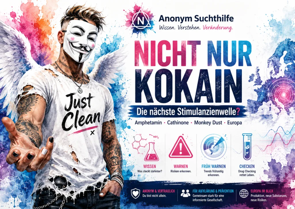 Symbolbild zur unterschätzten Stimulanzienwelle aus Amphetamin, synthetischen Cathinonen, Monkey Dust und europäischer Drogenproduktion mit der Anonym-Suchthilfe-Markenfigur.