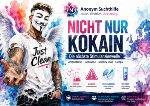 Symbolbild zur unterschätzten Stimulanzienwelle aus Amphetamin, synthetischen Cathinonen, Monkey Dust und europäischer Drogenproduktion mit der Anonym-Suchthilfe-Markenfigur.