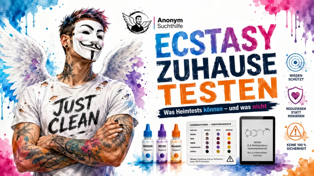 Titelbild zu Ecstasy zuhause testen mit Anonym-Suchthilfe-Markenfigur, Reagenztests, MDMA-Testtabelle und Hinweis auf Harm Reduction ohne falsche Sicherheit.