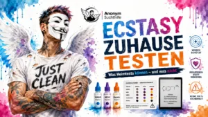 Titelbild zu Ecstasy zuhause testen mit Anonym-Suchthilfe-Markenfigur, Reagenztests, MDMA-Testtabelle und Hinweis auf Harm Reduction ohne falsche Sicherheit.