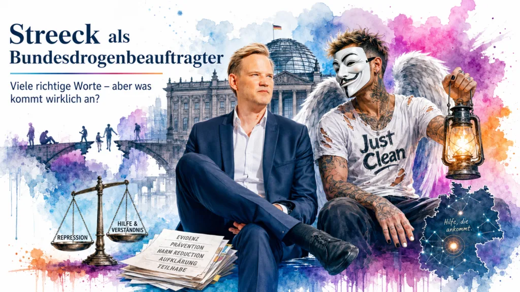 Symbolbild zur Bilanz von Hendrik Streeck als Bundesdrogenbeauftragter, Suchtpolitik, Harm Reduction, Versorgungslücken und fehlender Wirksamkeitsmessung.