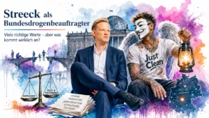 Symbolbild zur Bilanz von Hendrik Streeck als Bundesdrogenbeauftragter, Suchtpolitik, Harm Reduction, Versorgungslücken und fehlender Wirksamkeitsmessung.