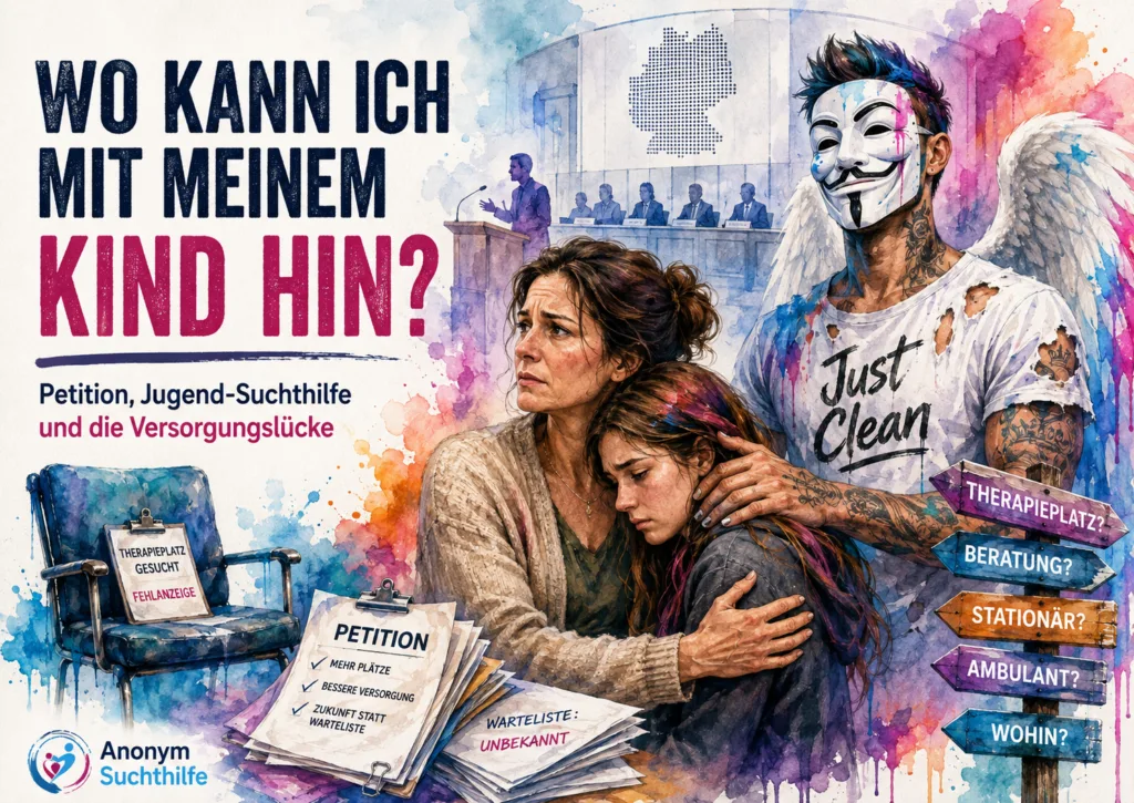 Symbolbild zur Petition für suchtkranke Kinder und Jugendliche im niedersächsischen Landtag mit Mutter, Tochter, Versorgungslücke und Anonym-Suchthilfe-Markenfigur.