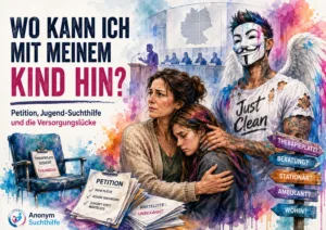 Symbolbild zur Petition für suchtkranke Kinder und Jugendliche im niedersächsischen Landtag mit Mutter, Tochter, Versorgungslücke und Anonym-Suchthilfe-Markenfigur.