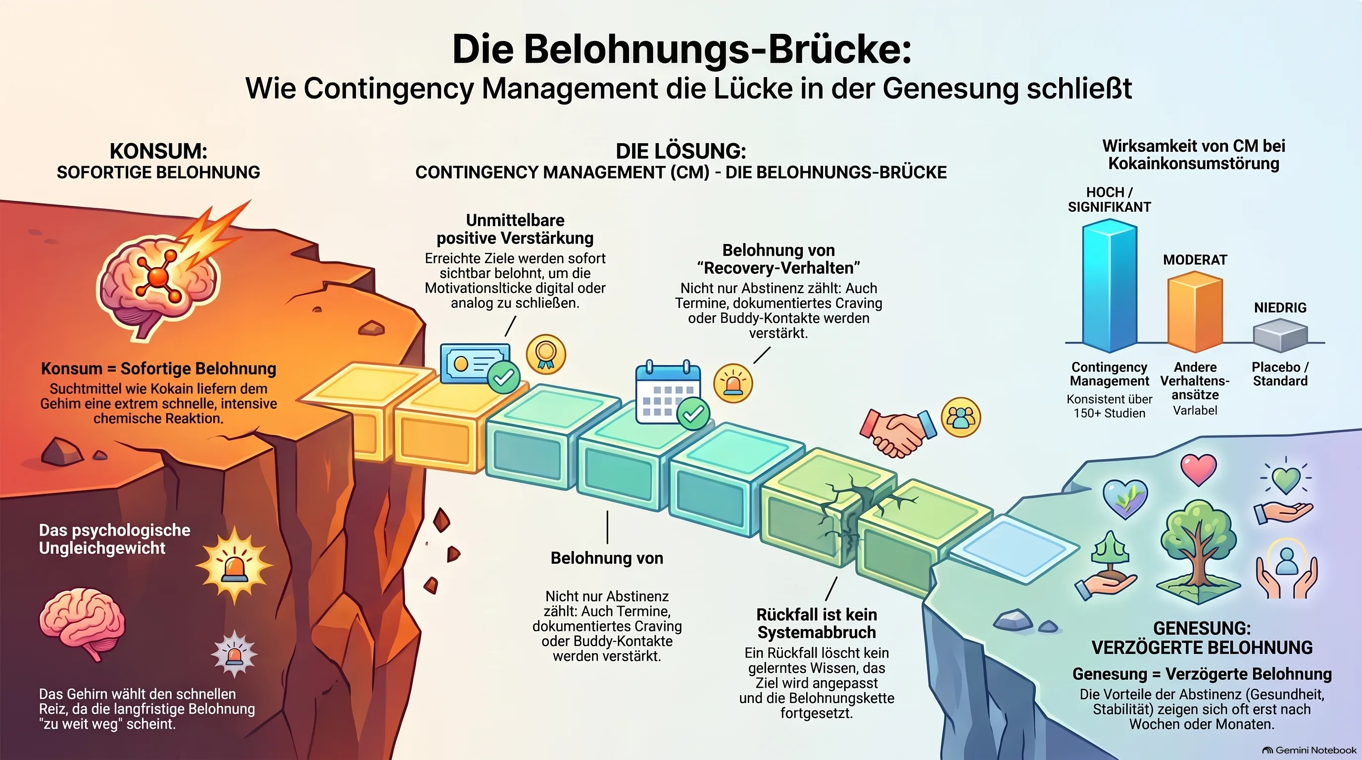 Die Belohnungs-Brücke: Wie Contingency Management die Lücke zwischen sofortiger Belohnung durch Konsum und verzögerter Belohnung durch Genesung schließen kann.