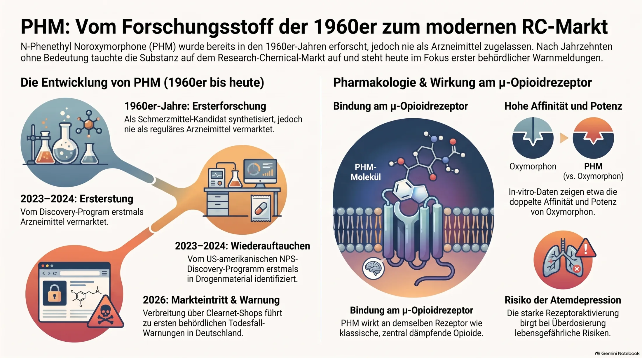 Infografik zur Entwicklung von PHM seit den 1960er-Jahren und zur Wirkung von N-Phenethyl Noroxymorphone am μ-Opioidrezeptor
