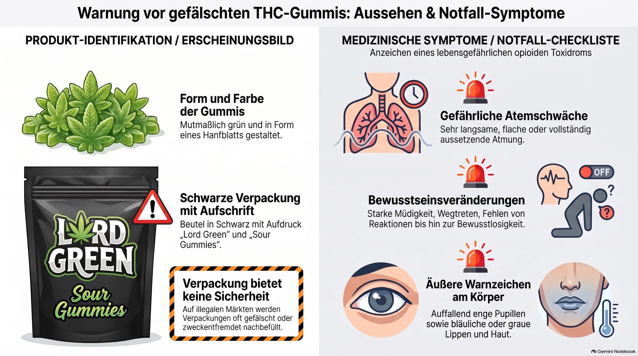 Warnübersicht zu vermeintlichen THC-Gummis in Berlin mit Produktmerkmalen und Symptomen eines möglichen Opioidnotfalls