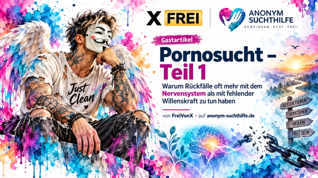 Watercolor-Titelbild mit der Anonym-Suchthilfe-Markenfigur, dem FreiVonX-Logo und dem Titel „Pornosucht – Teil 1“. Thema des Gastartikels: Warum Rückfälle oft mehr mit dem Nervensystem als mit fehlender Willenskraft zu tun haben.