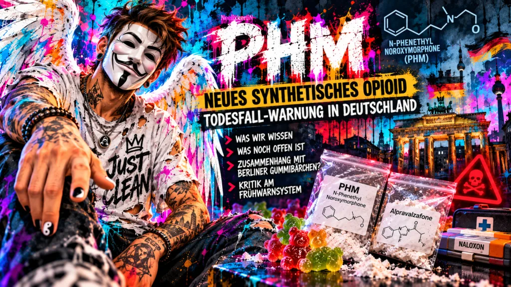 Titelbild zum Artikel über PHM, ein neues synthetisches Opioid mit Todesfall-Warnung in Deutschland, mit Anonym-Suchthilfe-Markenfigur, PHM- und Alpravalzafone-Hinweisen sowie Naloxon- und Frühwarnsystem-Symbolik.