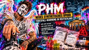 Titelbild zum Artikel über PHM, ein neues synthetisches Opioid mit Todesfall-Warnung in Deutschland, mit Anonym-Suchthilfe-Markenfigur, PHM- und Alpravalzafone-Hinweisen sowie Naloxon- und Frühwarnsystem-Symbolik.
