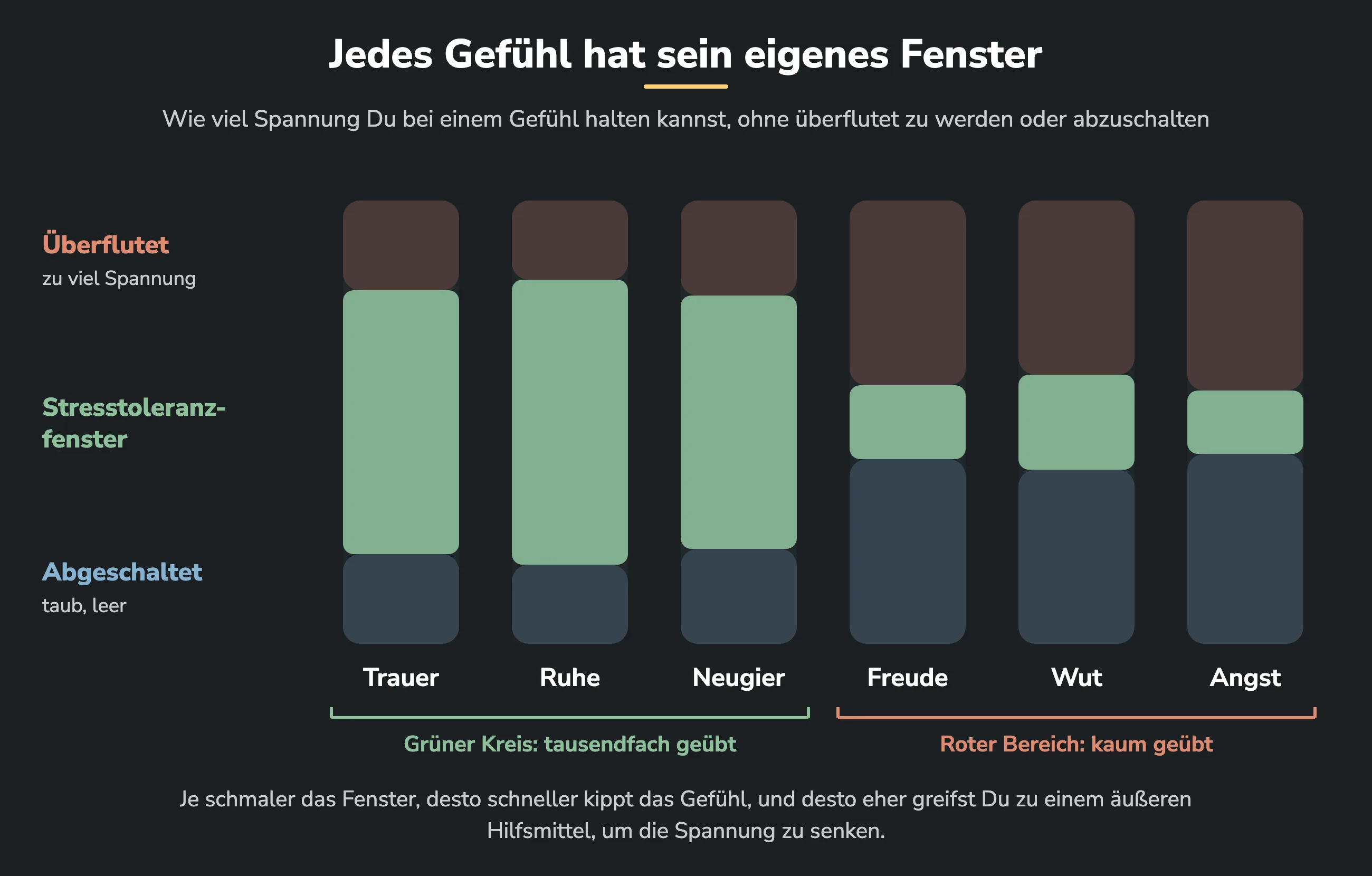 Jedes Gefühl hat sein eigenes Stresstoleranzfenster. Bei Trauer, Ruhe und Neugier aus dem grünen Kreis ist das Fenster breit, bei Freude, Wut und Angst aus dem roten Bereich schmal, darüber liegt Überflutung, darunter Abschalten.
