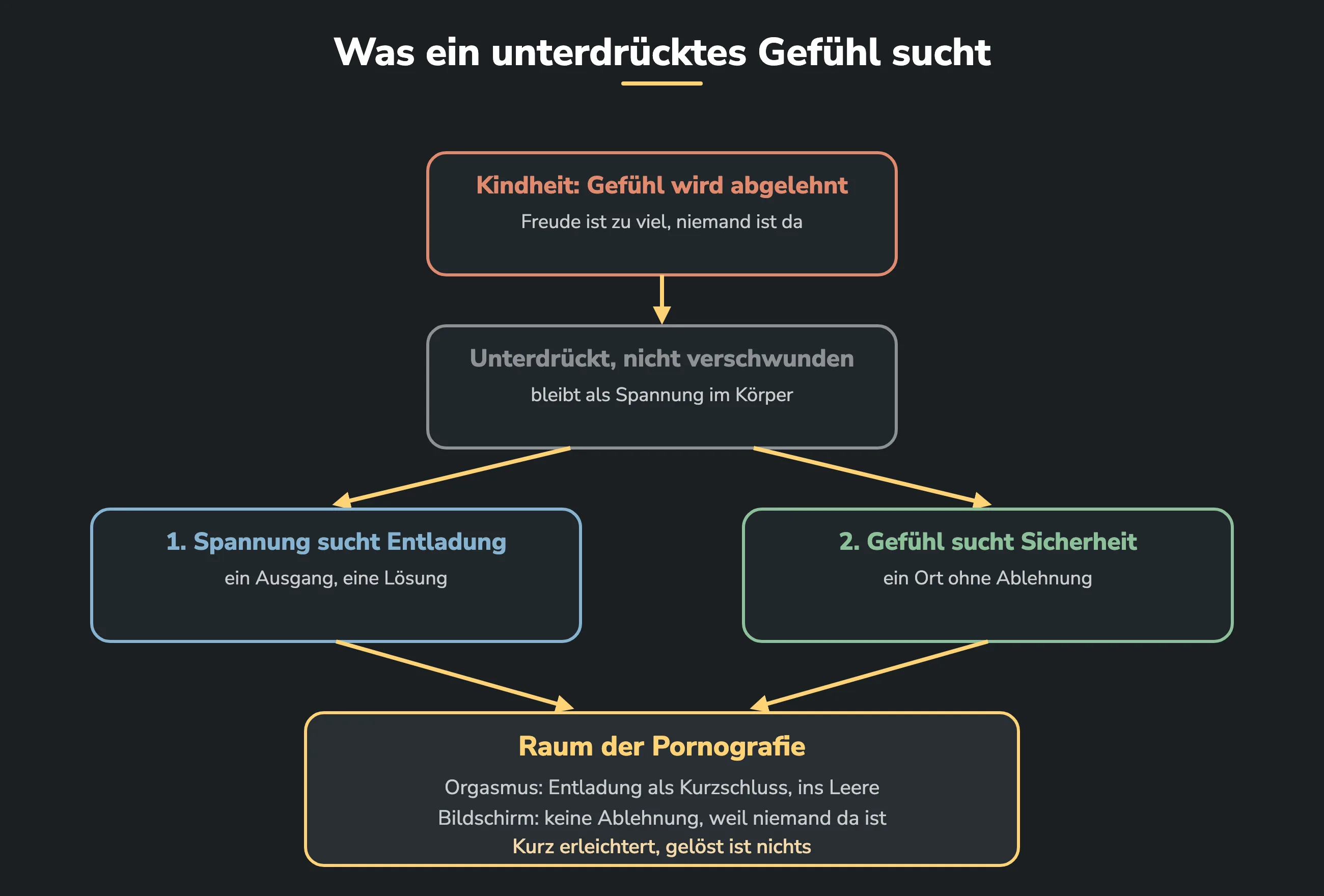 Was ein unterdrücktes Gefühl sucht. Ein abgelehntes Gefühl wird unterdrückt, bleibt aber als Spannung im Körper. Es sucht Entladung und Sicherheit, und der Raum der Pornografie bietet beides nur scheinbar: einen Kurzschluss und einen Raum ohne Ablehnung, in dem niemand da ist.
