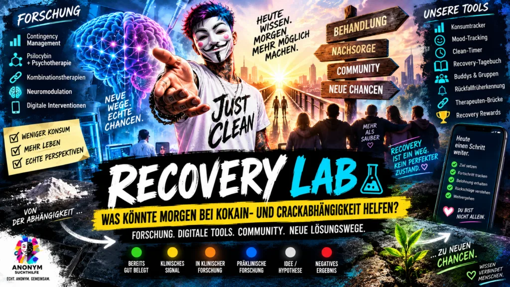 Titelbild zum Recovery Lab von Anonym Suchthilfe über neue Lösungswege bei Kokain- und Crackabhängigkeit mit Contingency Management, Psilocybin-Forschung, digitaler Nachsorge, Community und Rückfallfrüherkennung.