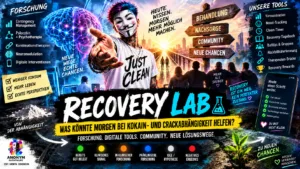 Titelbild zum Recovery Lab von Anonym Suchthilfe über neue Lösungswege bei Kokain- und Crackabhängigkeit mit Contingency Management, Psilocybin-Forschung, digitaler Nachsorge, Community und Rückfallfrüherkennung.