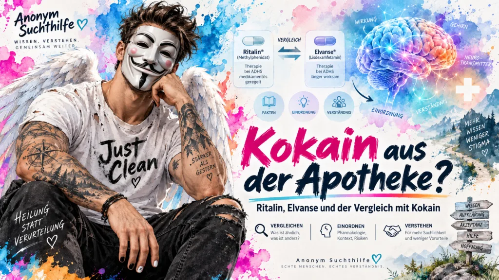 Titelbild zum Artikel über Ritalin, Elvanse und den Vergleich mit Kokain aus der Apotheke, mit der Anonym-Suchthilfe-Markenfigur, ADHS-Medikamenten, Gehirn und Aufklärungssymbolen.