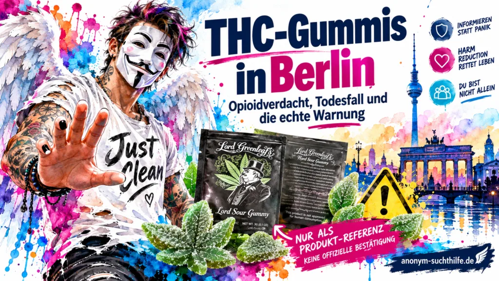 Titelbild zur Warnung vor vermeintlichen THC-Gummis in Berlin mit Opioidverdacht, Todesfall, konkreter Produktverpackung und Anonym-Suchthilfe-Markenfigur.