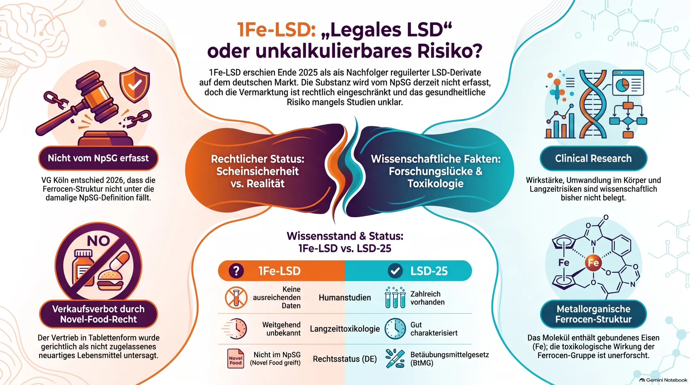 1Fe-LSD: Risiken und Rechtsstatus 1Fe-LSD: Risiken, Ferrocen-Struktur, Rechtsstatus, NpSG und Novel-Food-Einordnung