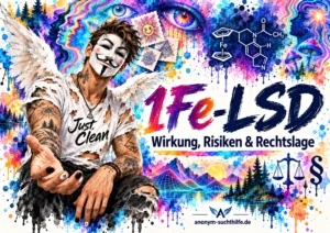 Titelbild zu 1Fe-LSD mit Wirkung, Risiken, Rechtslage, Ferrocen-Struktur und Anonym-Suchthilfe-Markenfigur.
