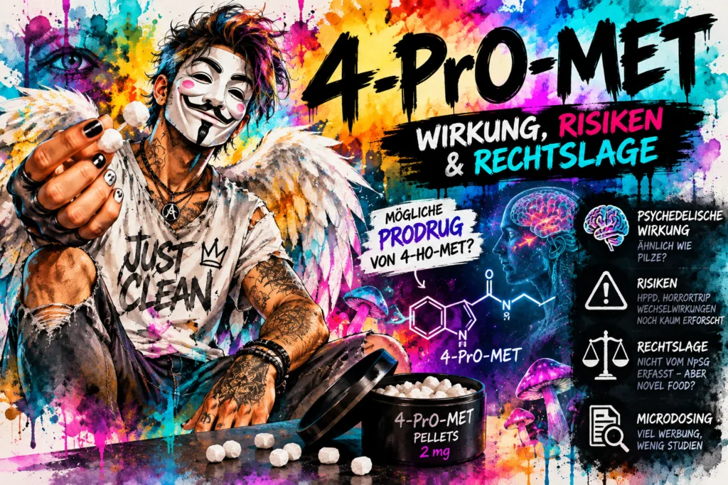 Titelbild zu 4-PrO-MET mit Wirkung, möglicher Prodrug von 4-HO-MET, Risiken, Rechtslage und Anonym-Suchthilfe-Markenfigur.