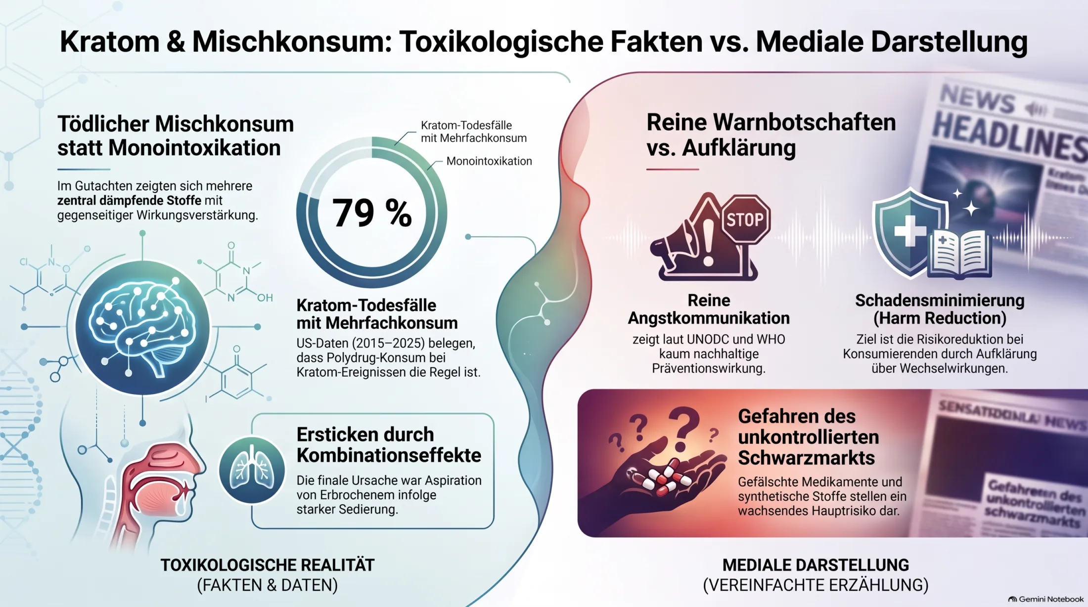 Infografik zu Kratom mit toxikologischen Fakten, Mischkonsum, Harm Reduction und medialer Darstellung im Streit zwischen Doc Caro und Open Mind