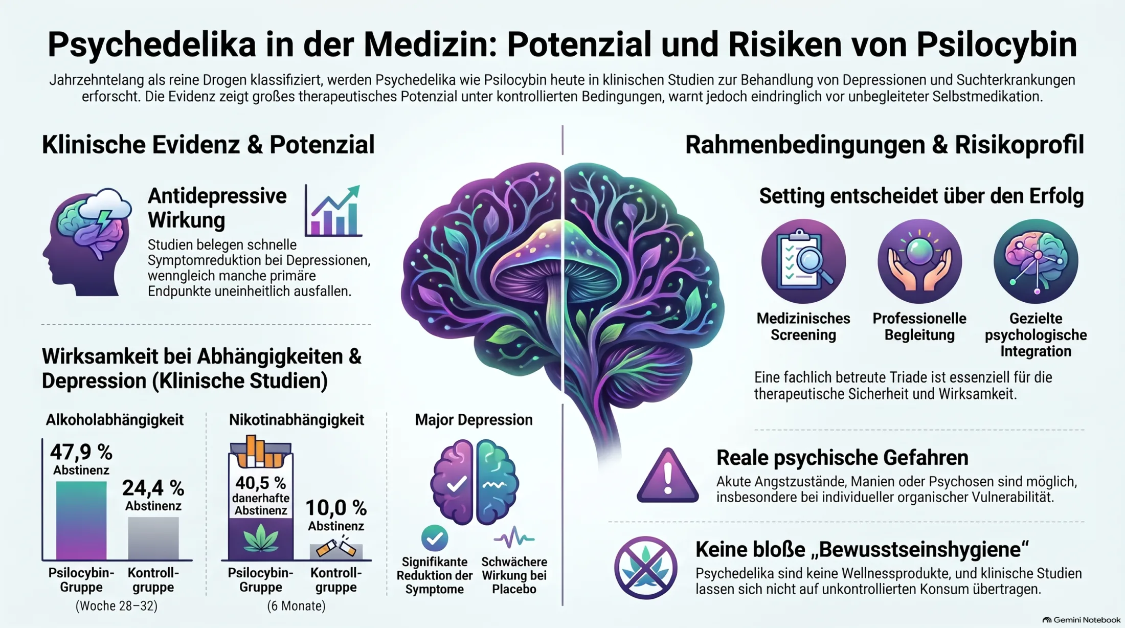 Infografik zu Potenzial und Risiken von Psilocybin bei Depression, Suchtbehandlung, Neuroplastizität, Angst, Manie und Psychose
