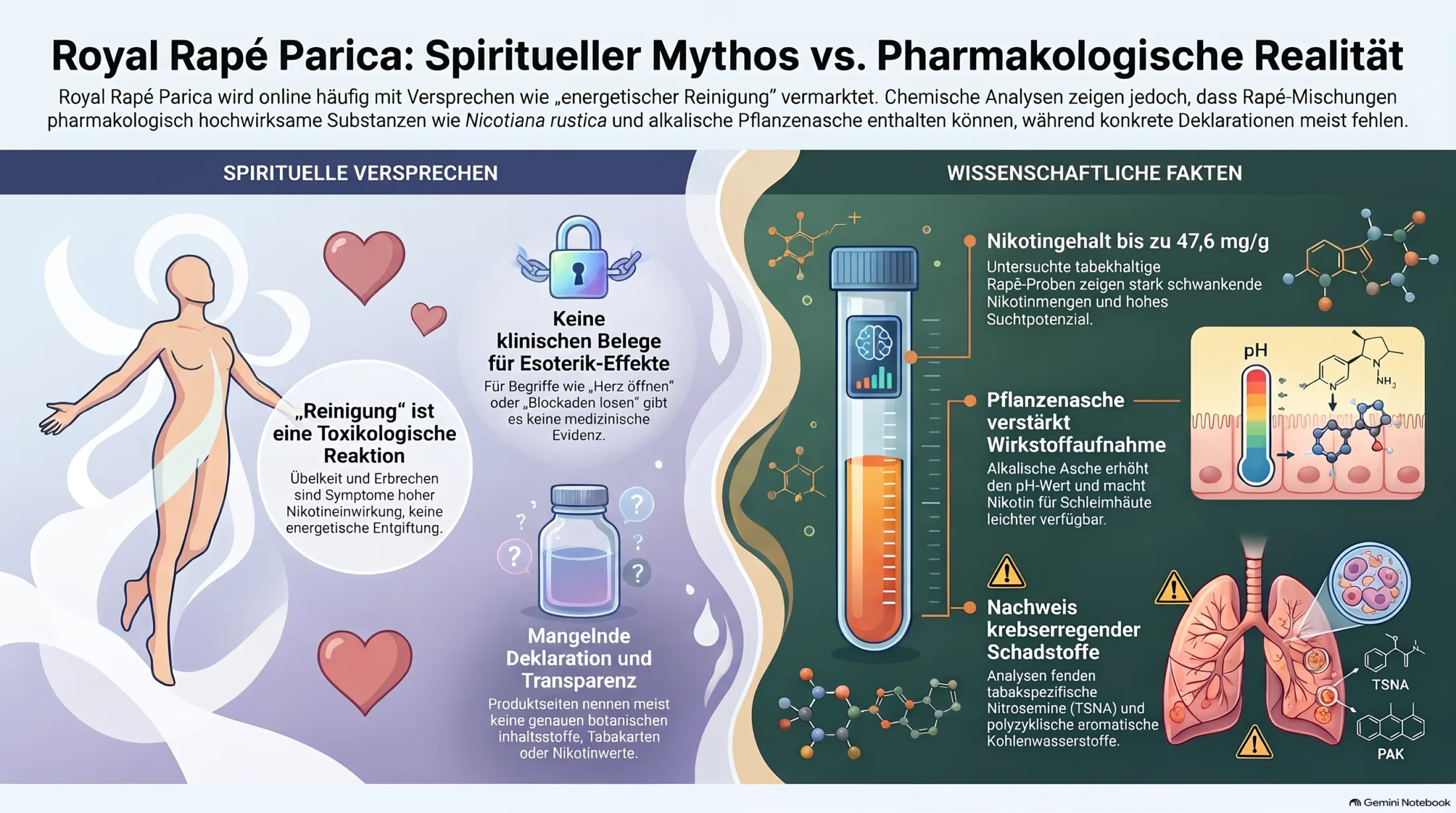 Infografik zu Rapé und Parica: spirituelle Deutung im Vergleich zu pharmakologischer Realität mit Nikotin, Pflanzenasche und Risiken