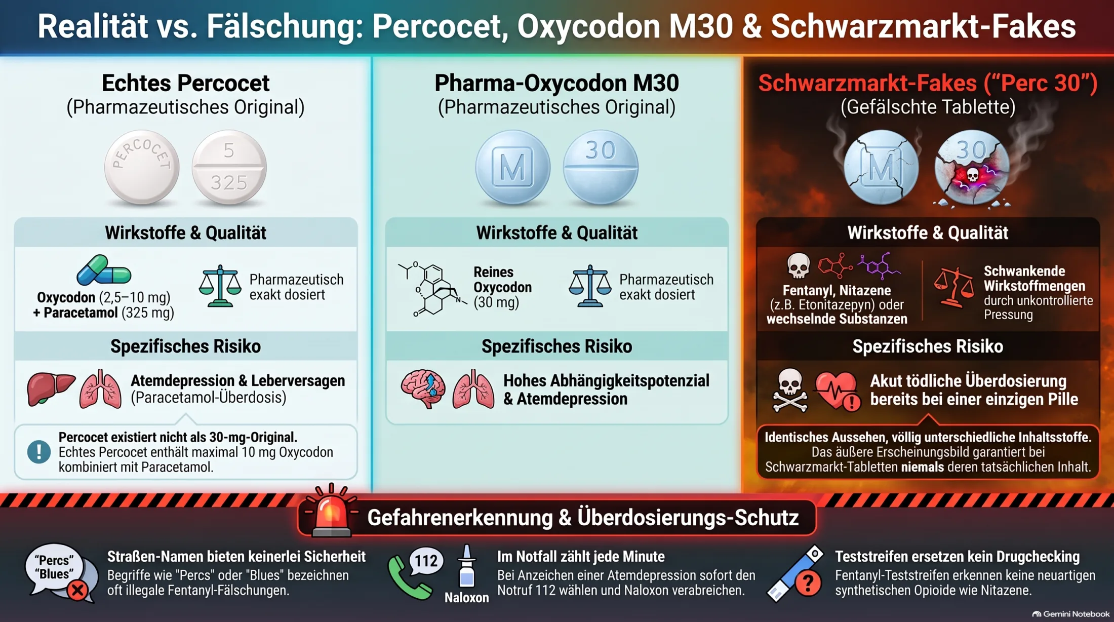 Vergleich von originalen Schmerzmitteln und gefälschten Tabletten wie Percocet und M30