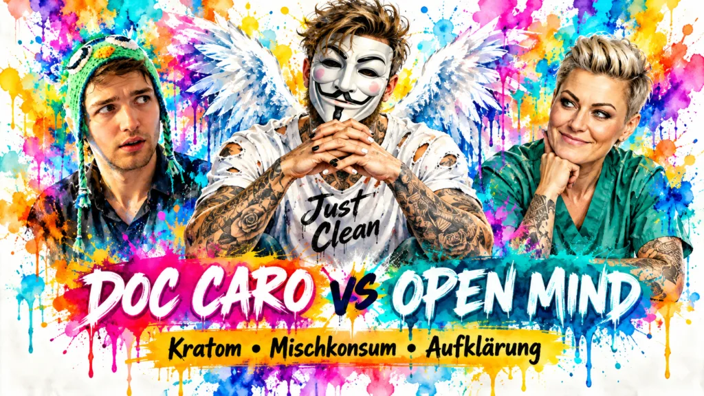 Watercolor-Titelbild zu Doc Caro vs. Open Mind mit NeelixberliN-Figur, Kratom, Mischkonsum, Harm Reduction und Drogenaufklärung