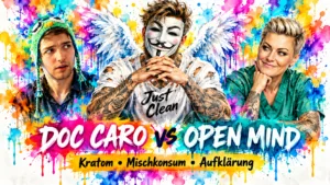 Watercolor-Titelbild zu Doc Caro vs. Open Mind mit NeelixberliN-Figur, Kratom, Mischkonsum, Harm Reduction und Drogenaufklärung