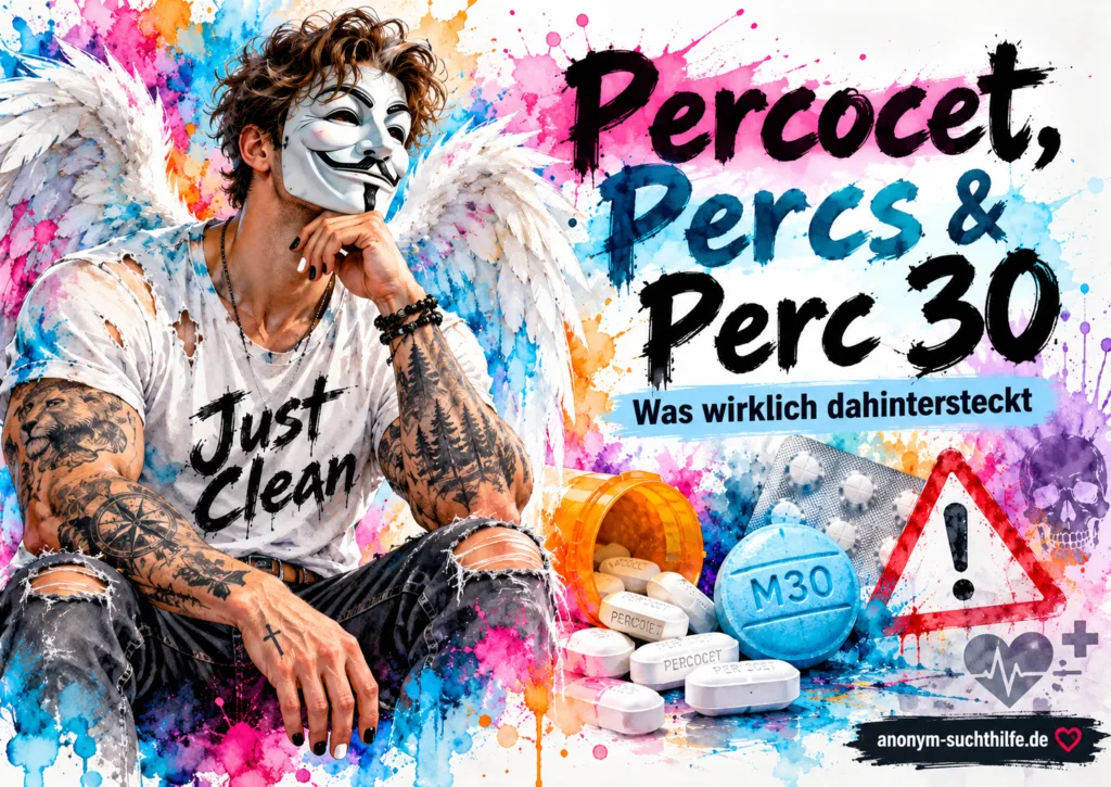 Titelbild zu Percocet, Perc 30 und M30 mit Oxycodon, Fake-Pillen, Fentanyl-Risiko und Anonym-Suchthilfe-Markenfigur.