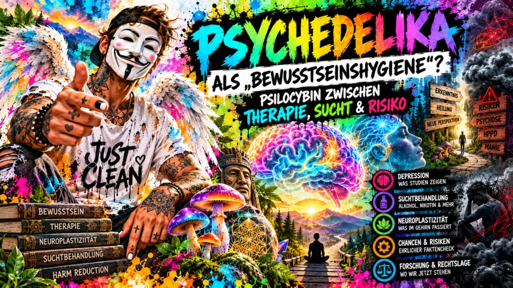 Watercolor-Infografik zu Psychedelika und Psilocybin mit NeelixberliN-Figur, Therapie, Suchtbehandlung, Neuroplastizität und Risiken