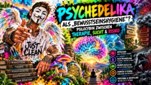 Watercolor-Infografik zu Psychedelika und Psilocybin mit NeelixberliN-Figur, Therapie, Suchtbehandlung, Neuroplastizität und Risiken