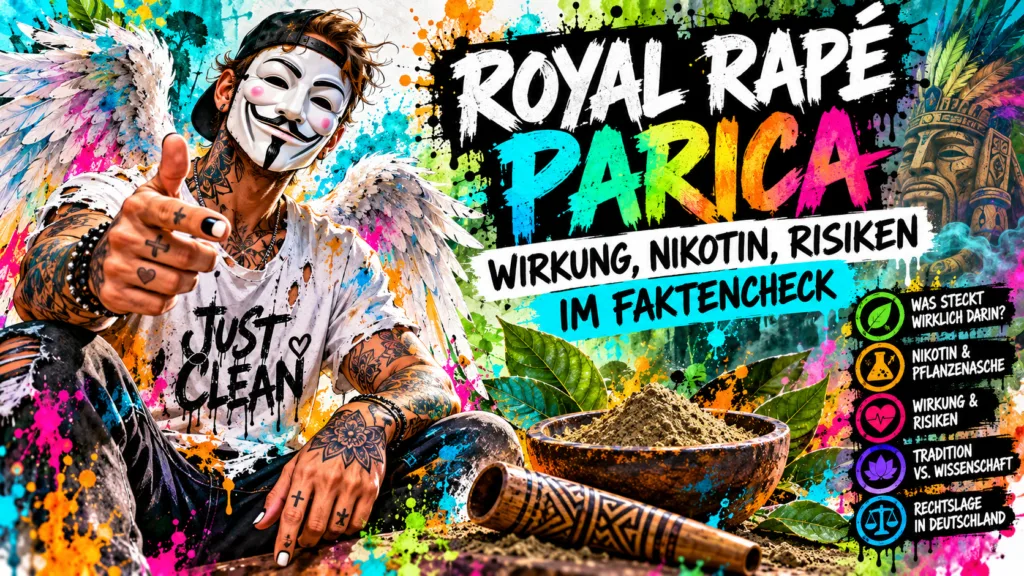 Watercolor-Infografik zu Royal Rapé Parica mit NeelixberliN-Figur, Nikotin, Pflanzenasche, Wirkung, Risiken und Faktencheck